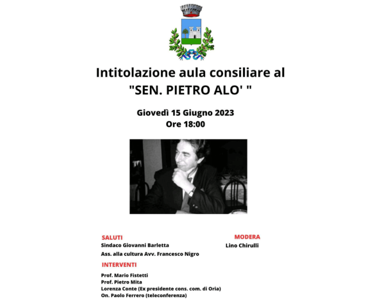 Il comune di Villa Castelli intitola la Sala Consiliare al Senatore Pietro Alò alla presenza di Pietro&nbsp;Venezia