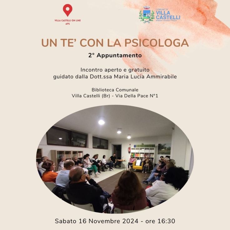 Torna ‘Un tè con la Psicologa’: Salute Mentale il 16 Novembre con Villa Castelli On&nbsp;Line